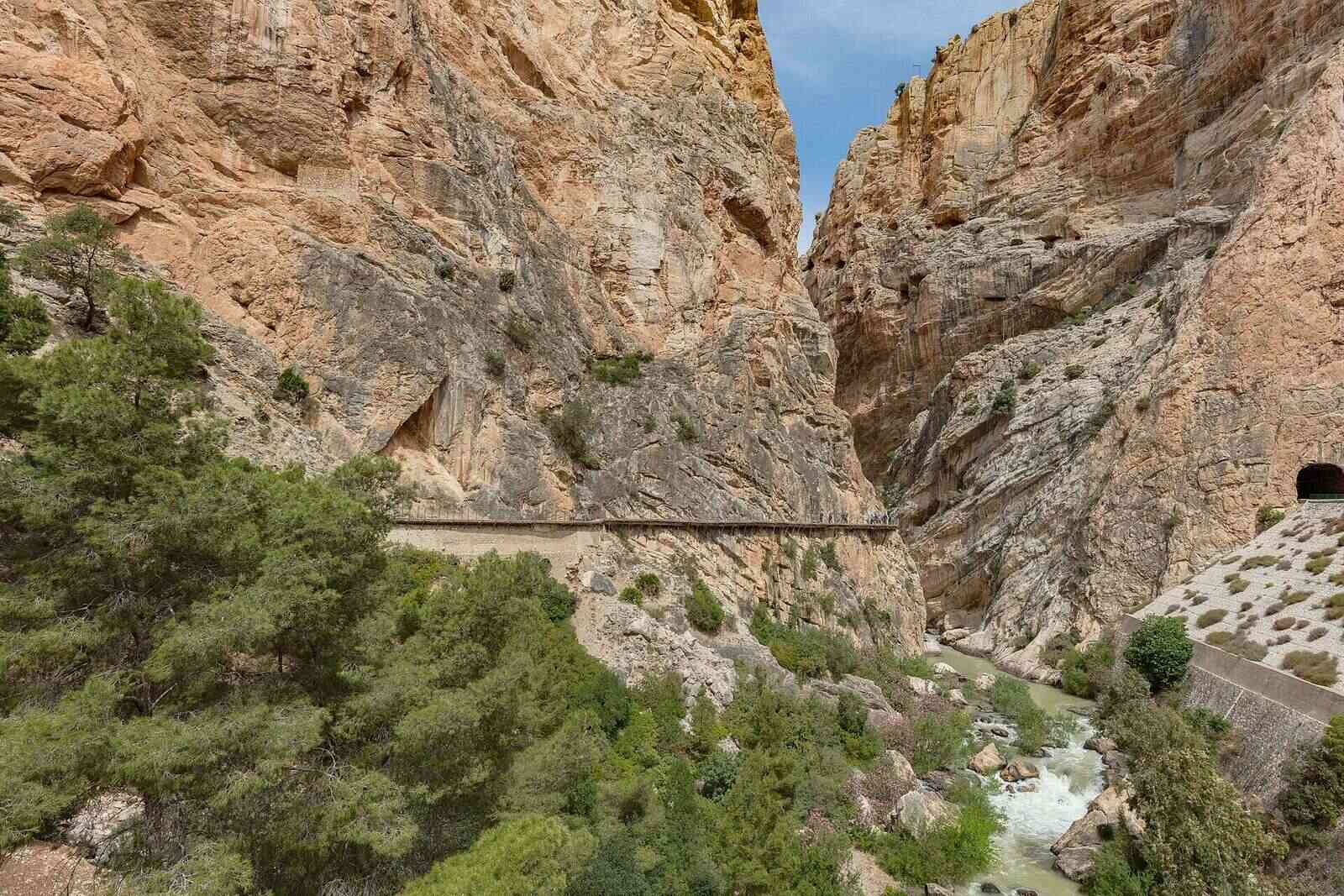 The Caminito del Rey boardwalk running along the wall of the Gaitanes gorge