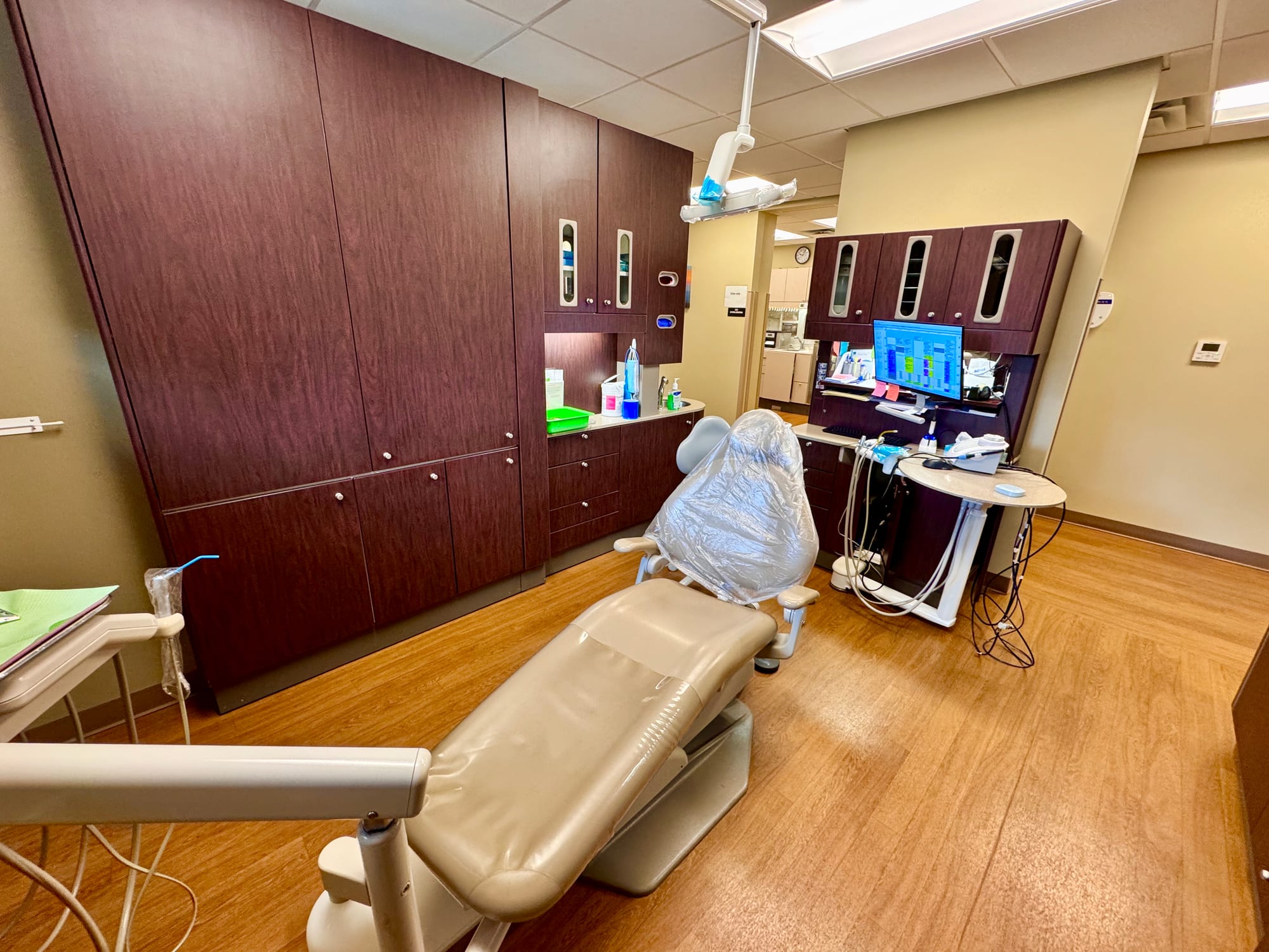 A dental treatment chair and equipment in a dentist's clinic